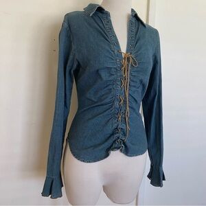 Rampage Denim Lace Up Long Sleeve Blouse